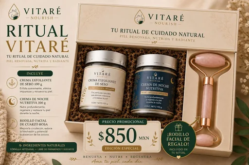 Ritual Vitaré: crema exfoliante de sebo, crema de noche nutritiva y rodillo facial de cuarzo rosa